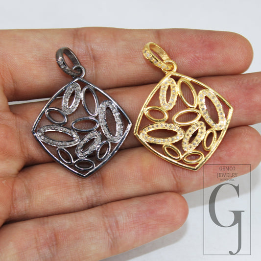 Vermeil gold and Oxidized designer Rosecut pave diamond pendant 925 sterling silver handmade finish diamond charms necklace pendant jewelry
