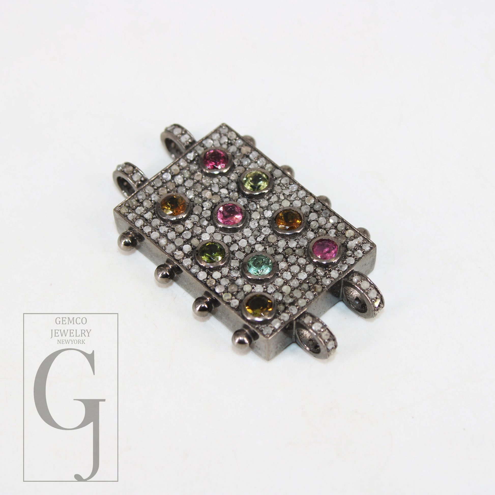 Antique Look Multi Tourmaline Diamond Bracelet Connector Handmade 925 Sterling Silver Jewelry Pave Diamond Accessories In Emerald & Citrine