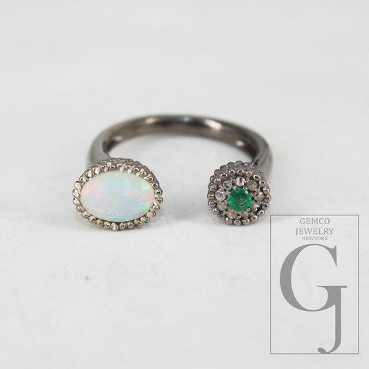 Antique Finish Opal Ring  Emerald Ring Designer Rosecut Pave Rosecut Diamond Rings 925 Sterling Silver Handmade Silver Finish Diamond Ring