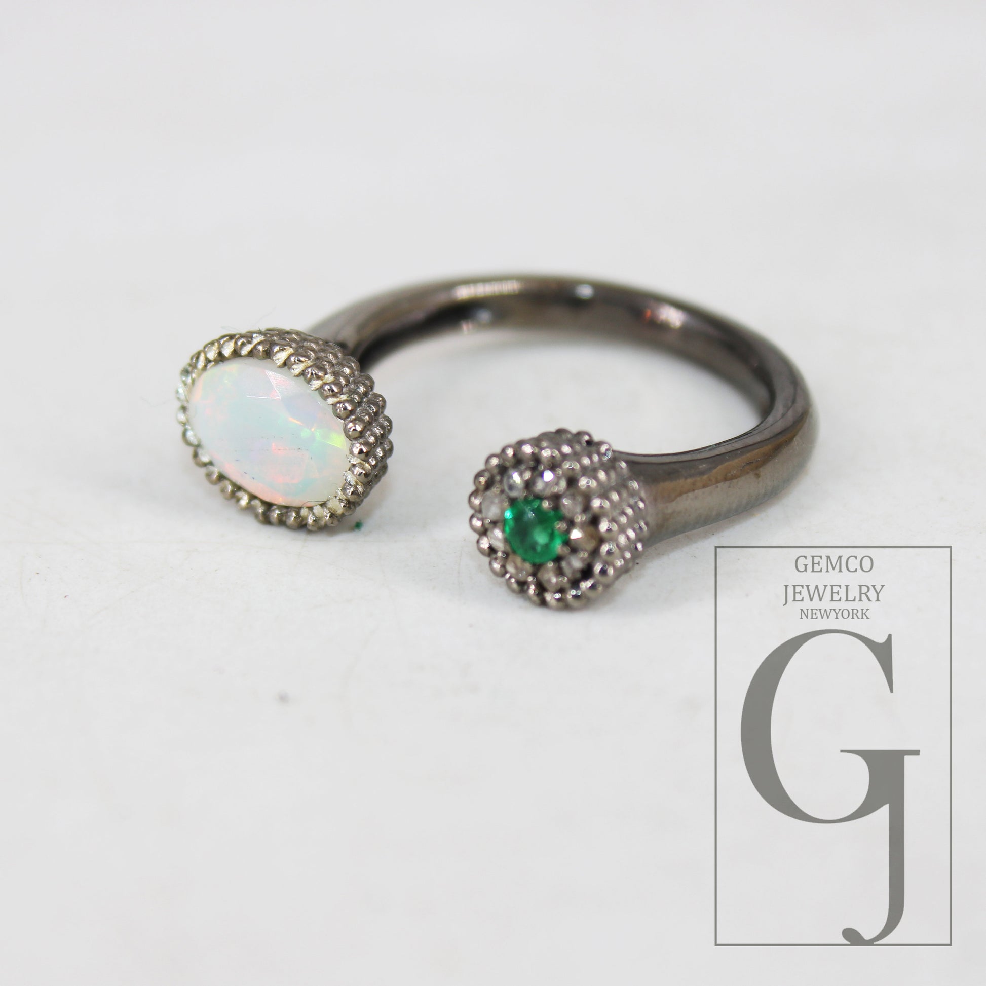 Antique Finish Opal Ring  Emerald Ring Designer Rosecut Pave Rosecut Diamond Rings 925 Sterling Silver Handmade Silver Finish Diamond Ring