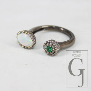 Antique Finish Opal Ring  Emerald Ring Designer Rosecut Pave Rosecut Diamond Rings 925 Sterling Silver Handmade Silver Finish Diamond Ring
