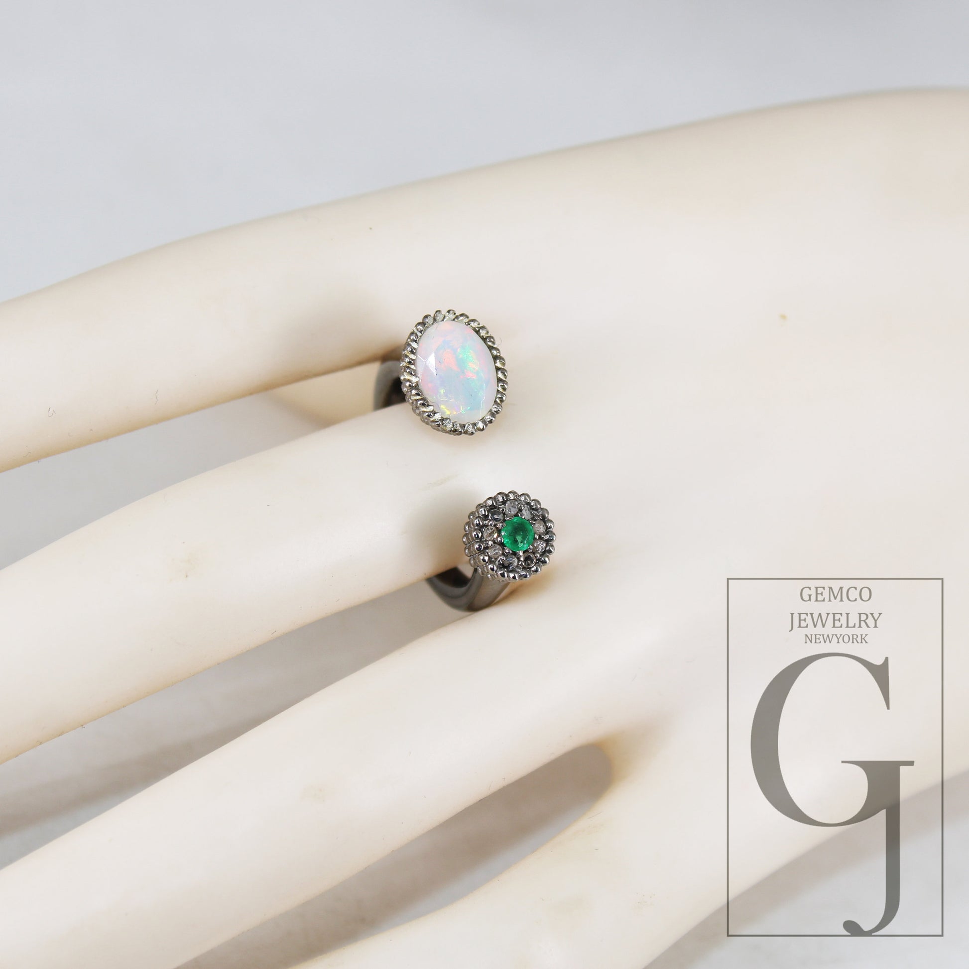 Antique Finish Opal Ring  Emerald Ring Designer Rosecut Pave Rosecut Diamond Rings 925 Sterling Silver Handmade Silver Finish Diamond Ring