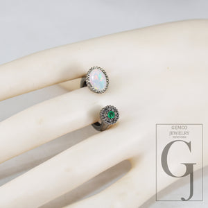Antique Finish Opal Ring  Emerald Ring Designer Rosecut Pave Rosecut Diamond Rings 925 Sterling Silver Handmade Silver Finish Diamond Ring