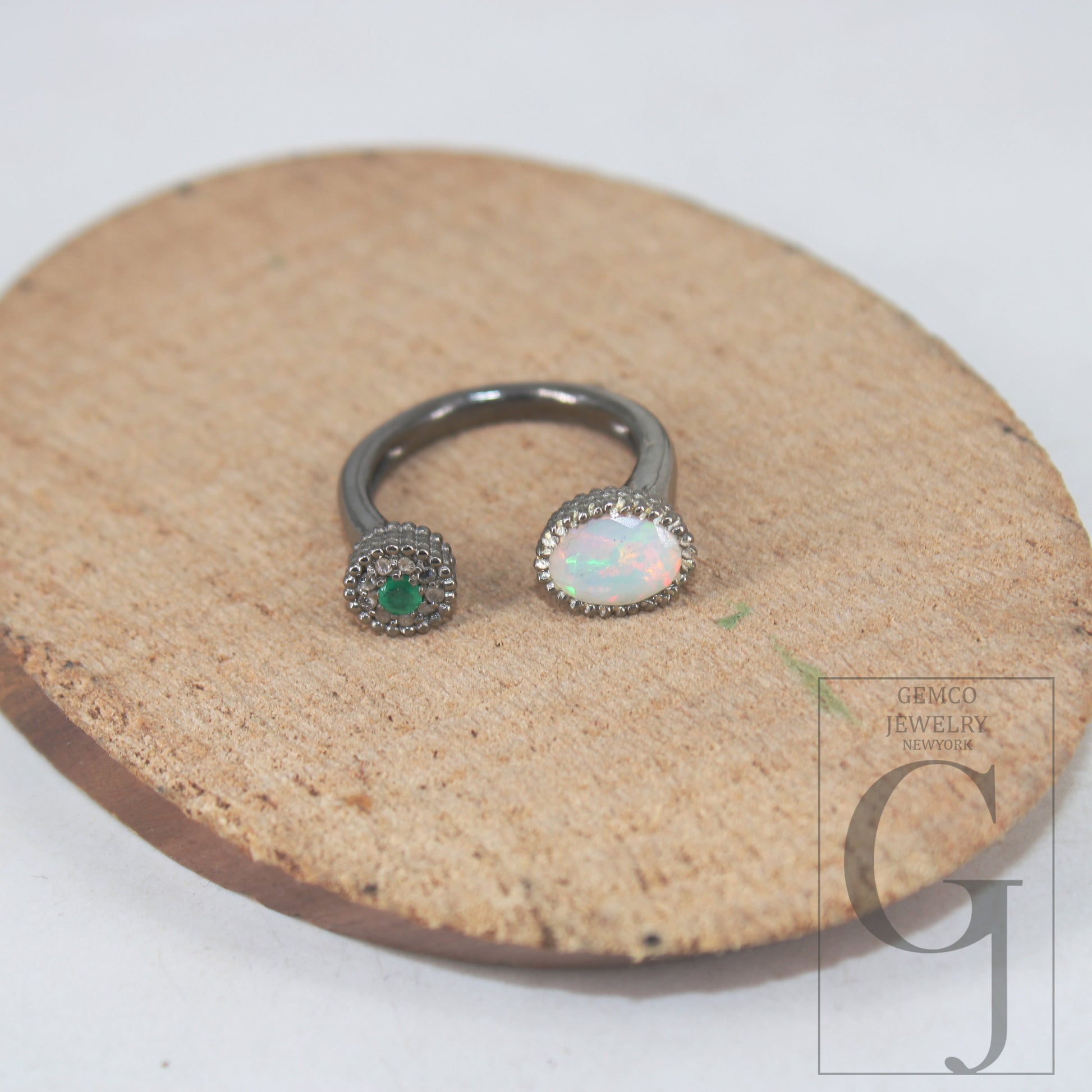 Antique Finish Opal Ring  Emerald Ring Designer Rosecut Pave Rosecut Diamond Rings 925 Sterling Silver Handmade Silver Finish Diamond Ring