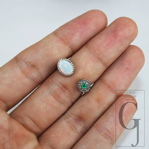 Antique Finish Opal Ring  Emerald Ring Designer Rosecut Pave Rosecut Diamond Rings 925 Sterling Silver Handmade Silver Finish Diamond Ring
