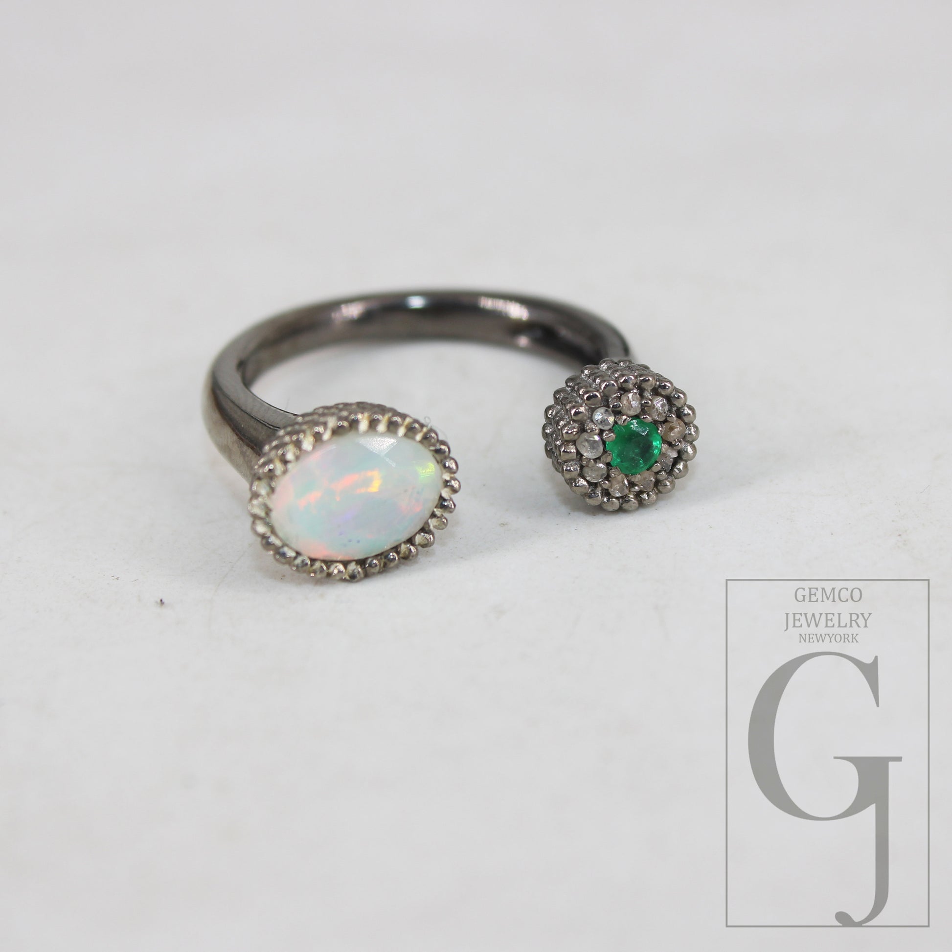 Antique Finish Opal Ring  Emerald Ring Designer Rosecut Pave Rosecut Diamond Rings 925 Sterling Silver Handmade Silver Finish Diamond Ring