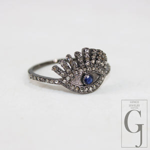 Antique Look Evil Eye Blue Sapphire Ring Designer Rosecut Pave Diamond Rings 925 Sterling Silver Handmade Silver Finish Diamond Ring