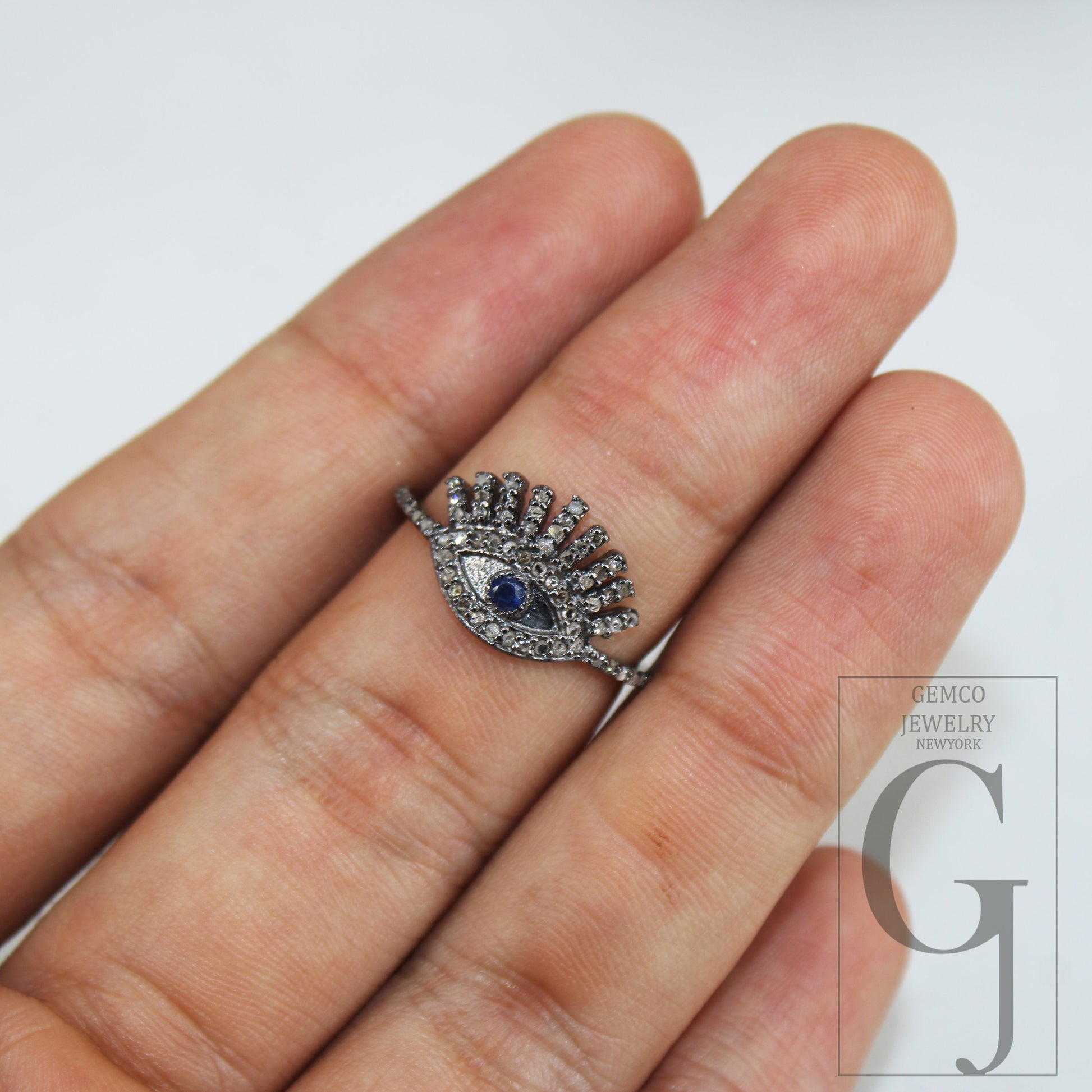 Antique Look Evil Eye Blue Sapphire Ring Designer Rosecut Pave Diamond Rings 925 Sterling Silver Handmade Silver Finish Diamond Ring