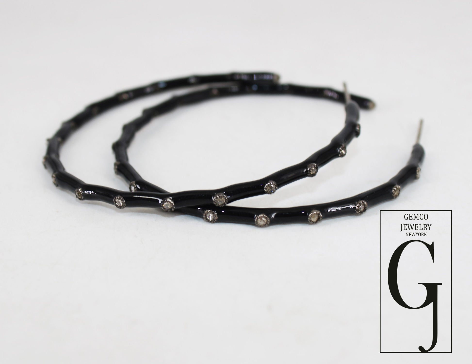Black Enamel Hoop Earring Designer Hoop Earring Rosecut Pave Diamond Earring 925 Sterling Silver Handmade Silver Finish Diamond Boho Earring