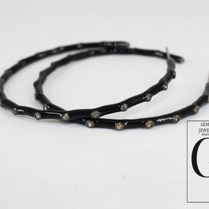 Black Enamel Hoop Earring Designer Hoop Earring Rosecut Pave Diamond Earring 925 Sterling Silver Handmade Silver Finish Diamond Boho Earring