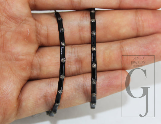 Black Enamel Hoop Earring Designer Hoop Earring Rosecut Pave Diamond Earring 925 Sterling Silver Handmade Silver Finish Diamond Boho Earring