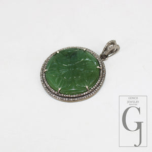 Hand carved Natural green aventurine pendant designer Rosecut pave diamond sterling 925 silver handmade finish diamond necklace pendant