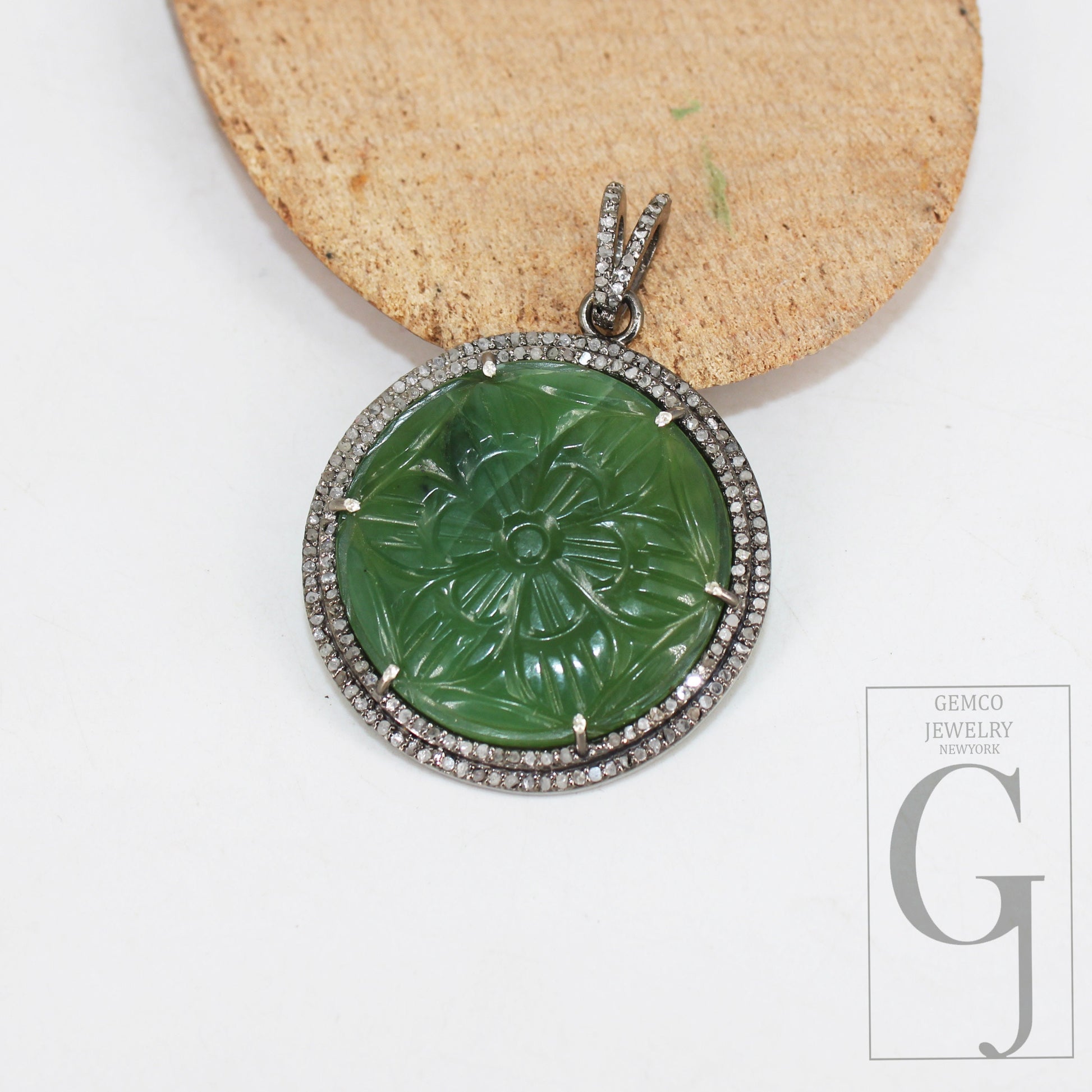 Hand carved Natural green aventurine pendant designer Rosecut pave diamond sterling 925 silver handmade finish diamond necklace pendant