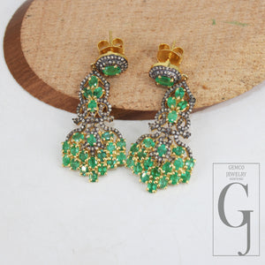 14k Gold Finish Natural AAA Quality Emerald Vermail Gold Designer Earring, Rosecut Pave Diamond 925 Sterling Silver Handmade Diamond Earring