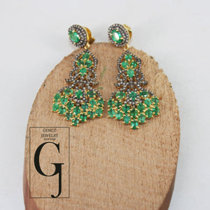 14k Gold Finish Natural AAA Quality Emerald Vermail Gold Designer Earring, Rosecut Pave Diamond 925 Sterling Silver Handmade Diamond Earring