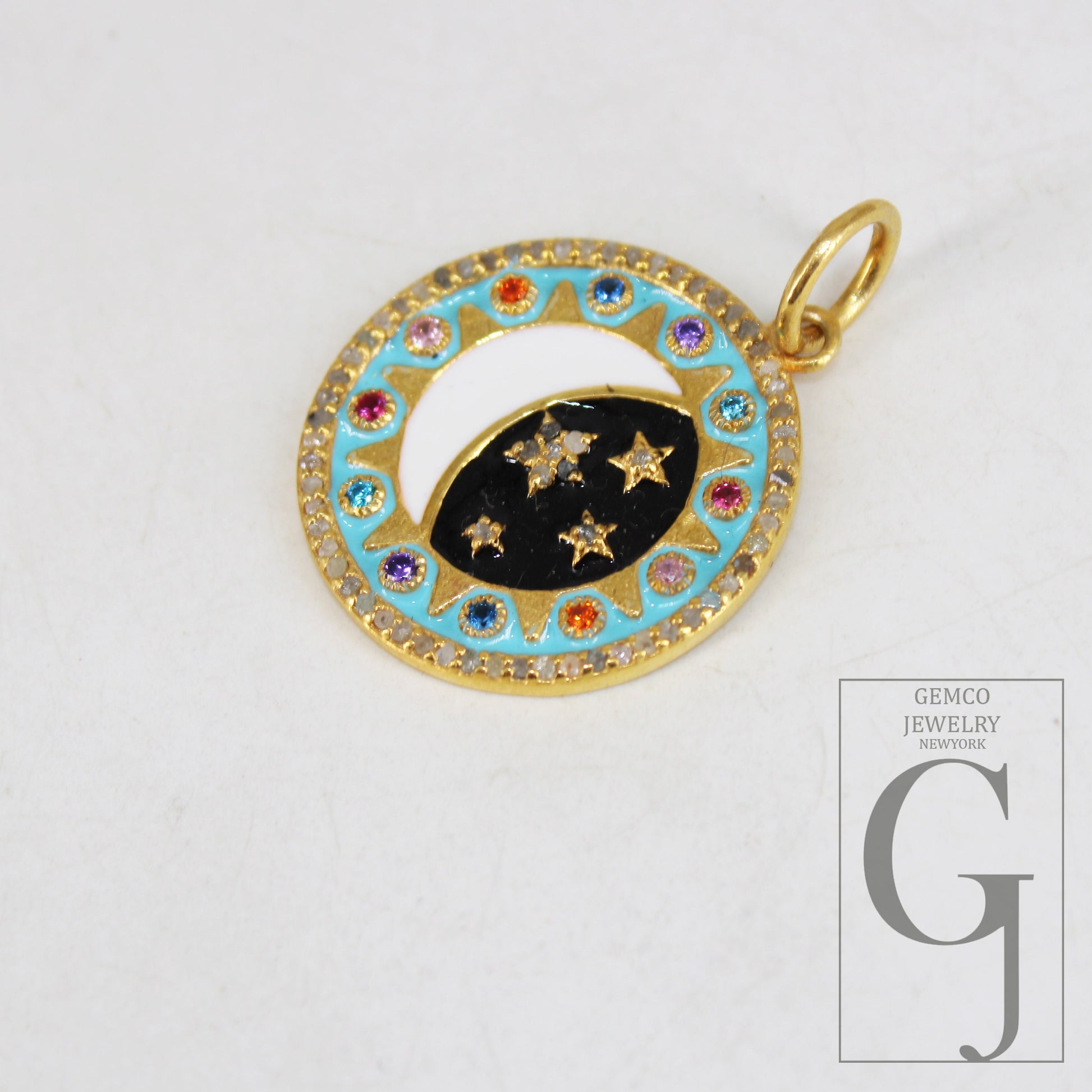 14k Gold Finish Designer Moon Star Enameling Rosecut Pave Diamond Pendant 925 Sterling Silver Handmade Finish Diamond Charm Necklace Pendant