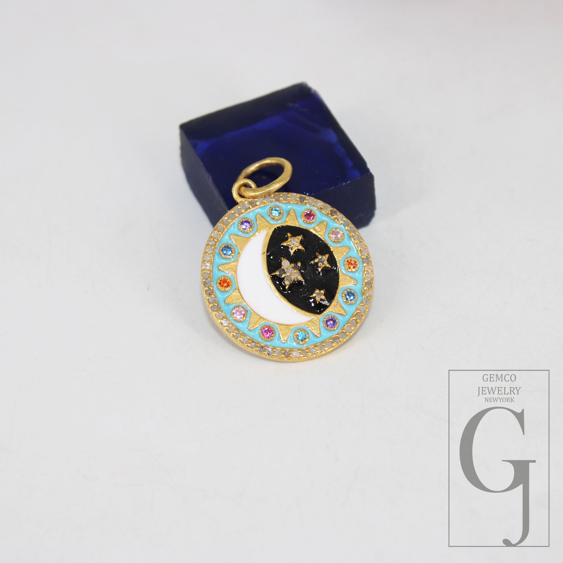 14k Gold Finish Designer Moon Star Enameling Rosecut Pave Diamond Pendant 925 Sterling Silver Handmade Finish Diamond Charm Necklace Pendant