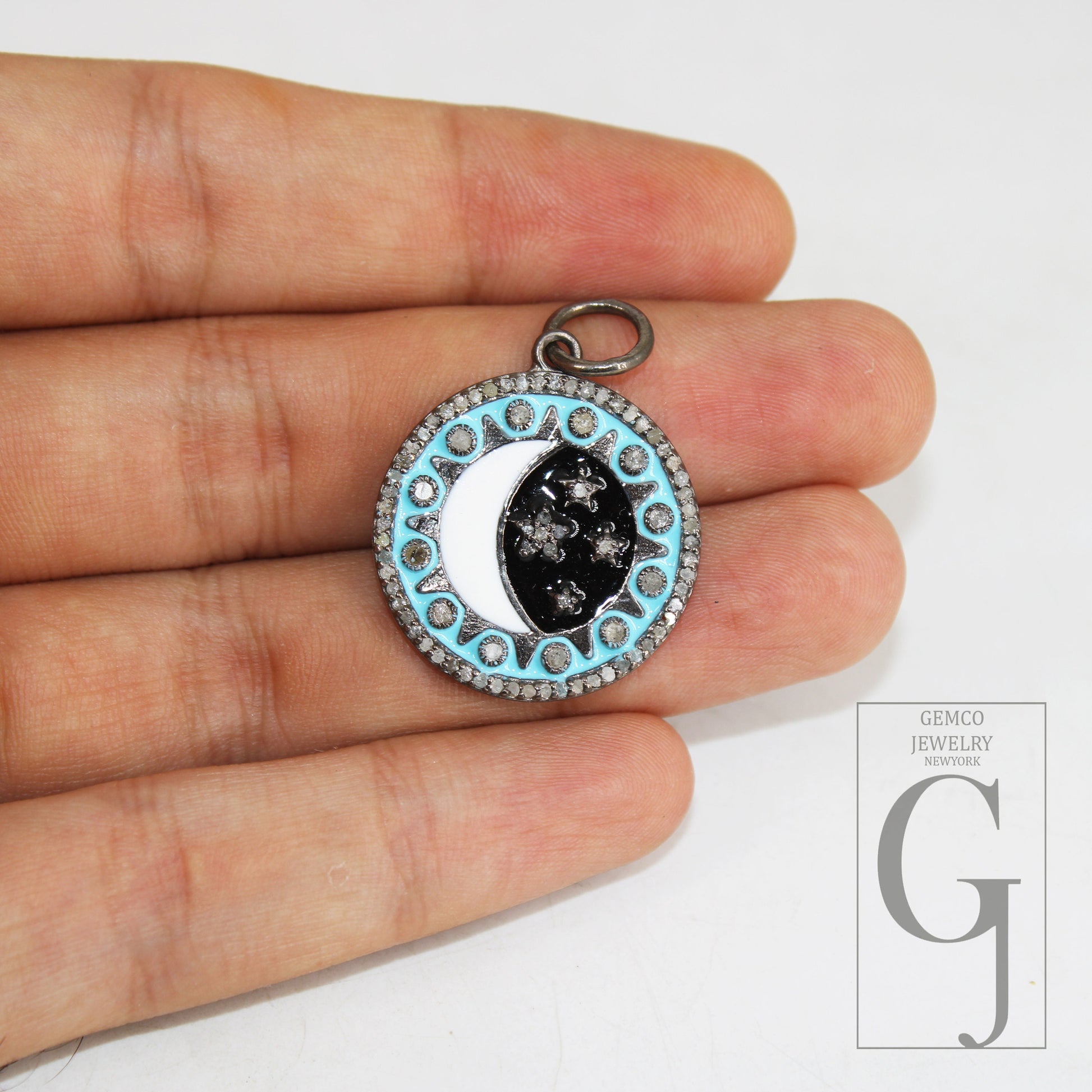 Antique Finish Designer Moon Star Enameling Rosecut Pave Diamond Pendant 925 Sterling Silver Handmade Finish Diamond Charm Necklace Pendant