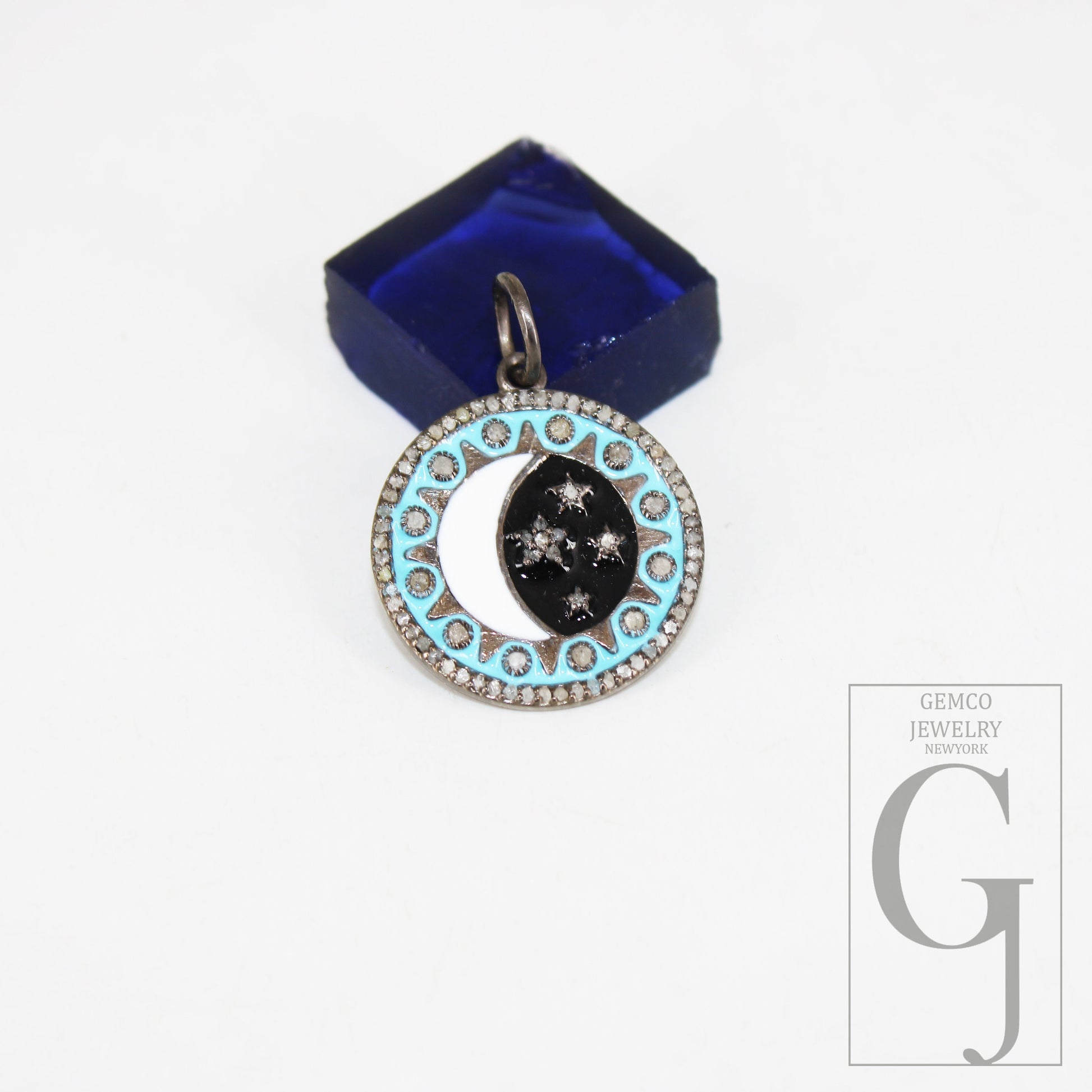Antique Finish Designer Moon Star Enameling Rosecut Pave Diamond Pendant 925 Sterling Silver Handmade Finish Diamond Charm Necklace Pendant