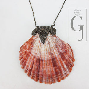 Beautiful Jumbo Scallop Red Sea Shell Pendant Rosecut Pave Diamond Pendant 925 Sterling Silver Finish Diamond Charms Necklace Pendant