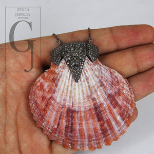 Beautiful Jumbo Scallop Red Sea Shell Pendant Rosecut Pave Diamond Pendant 925 Sterling Silver Finish Diamond Charms Necklace Pendant