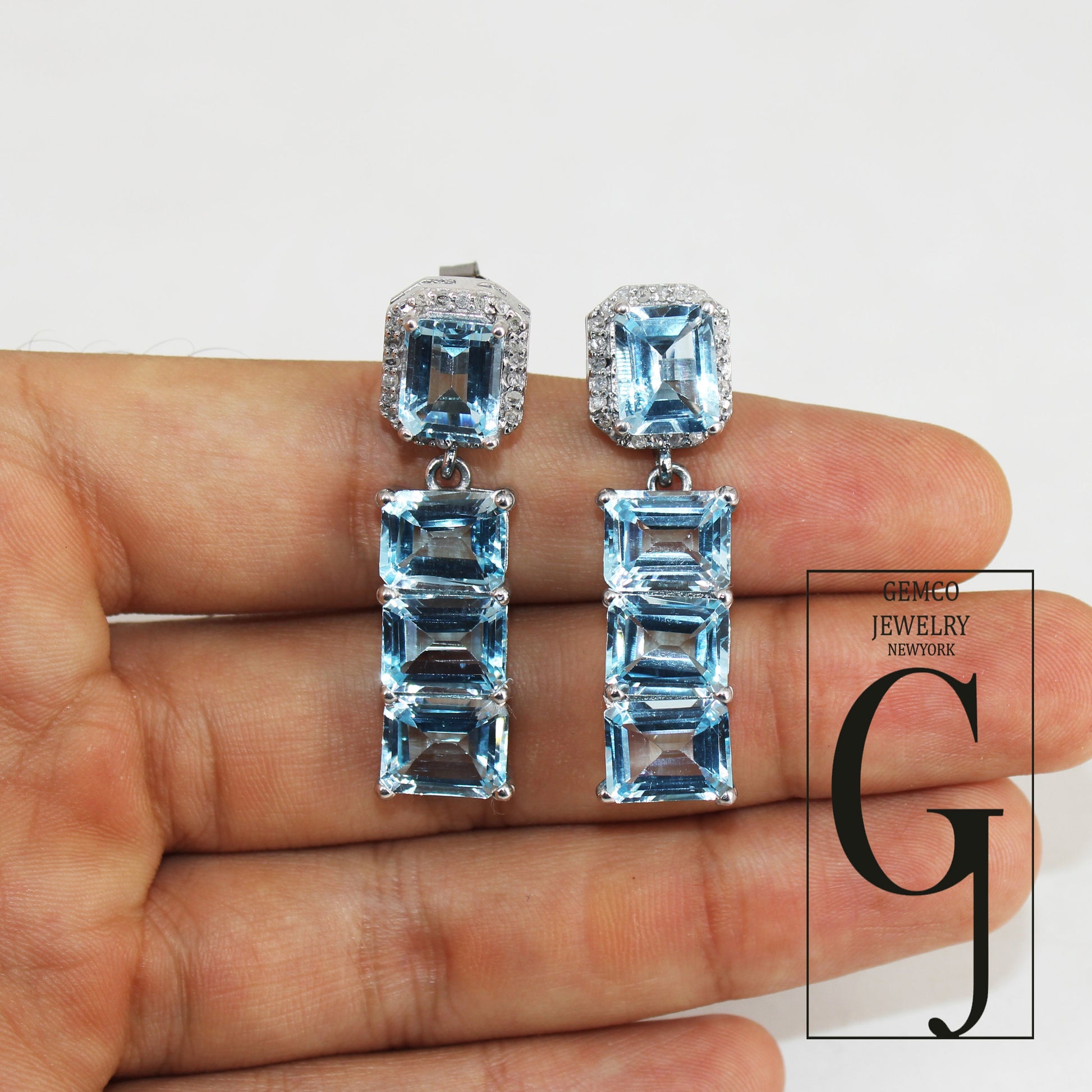 One of a kind Blue topz emerald cut earring designer Rosecut pave diamond earring 925 sterling silver handmade silver finish diamond earring