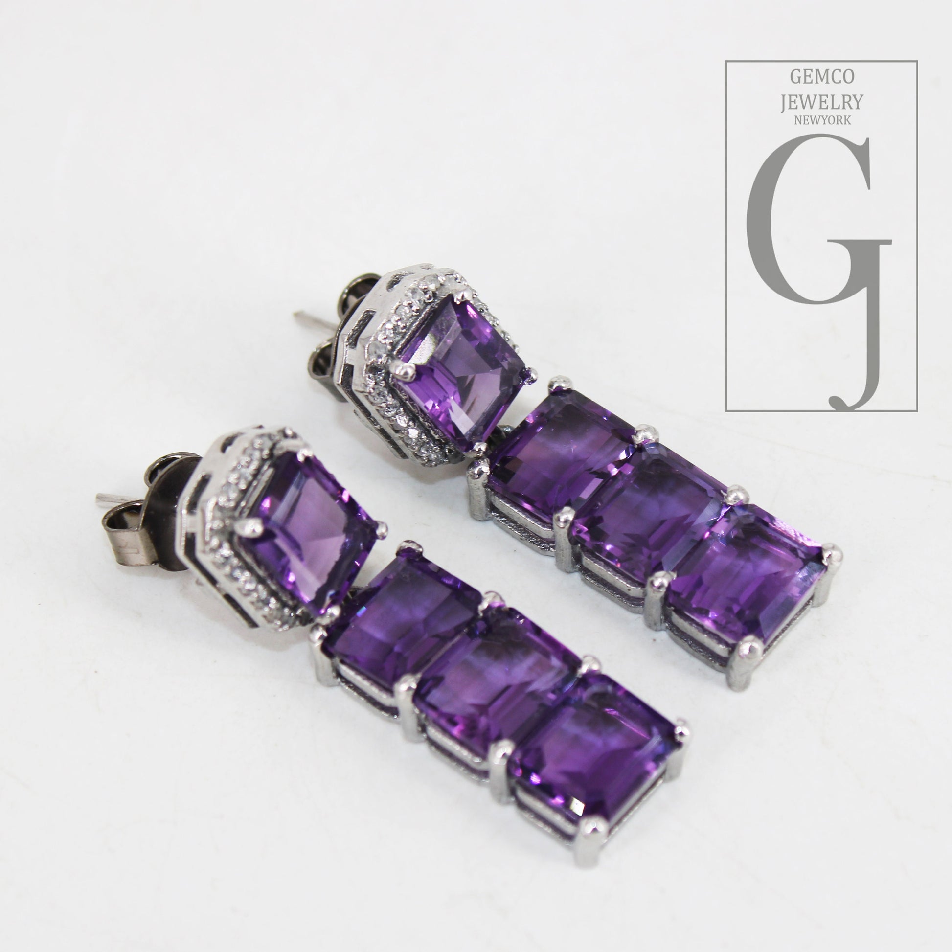 Very Beautiful Amethyst emerald cut earring designer Rosecut pave diamond earring 925 sterling silver handmade silver finish diamond earring