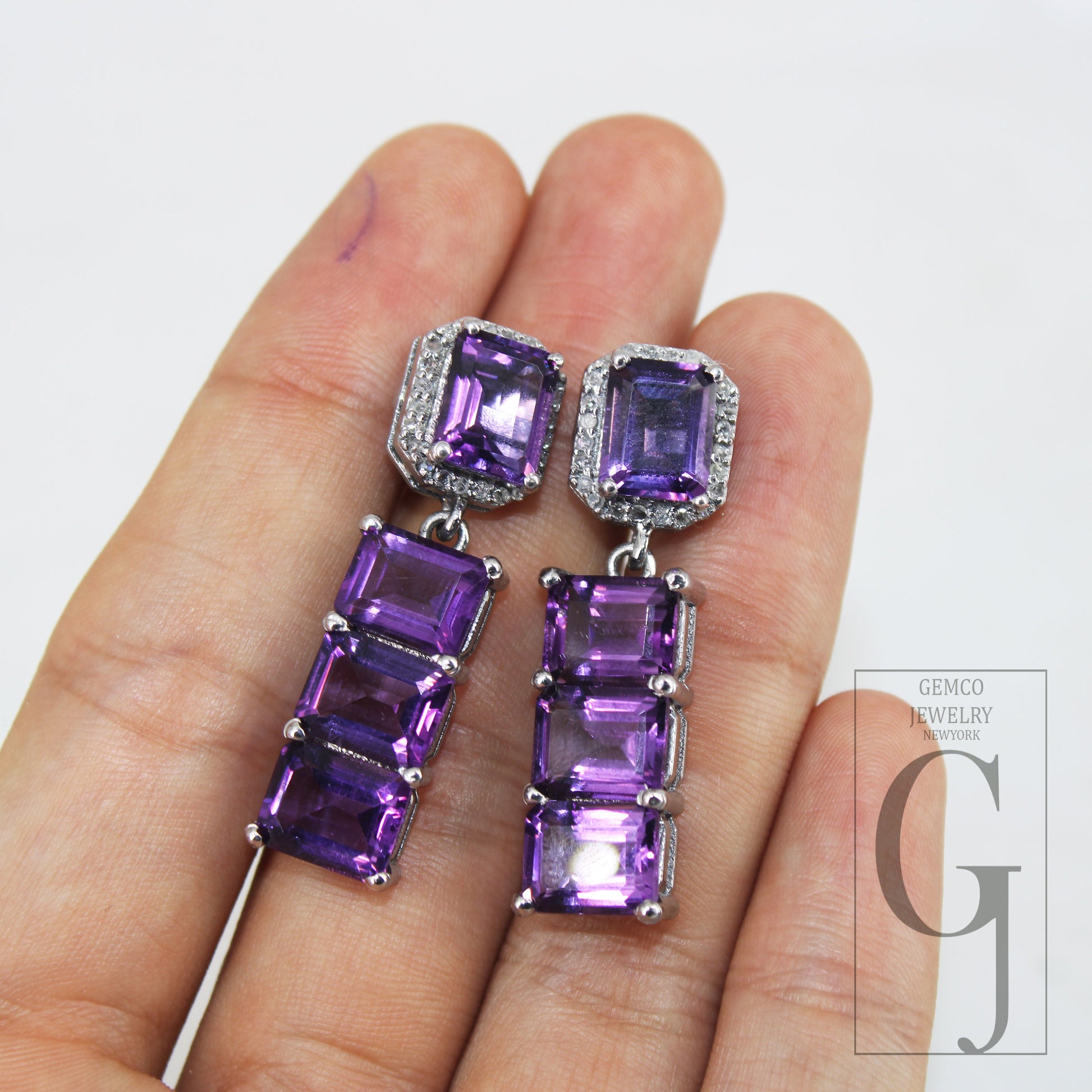 Very Beautiful Amethyst emerald cut earring designer Rosecut pave diamond earring 925 sterling silver handmade silver finish diamond earring