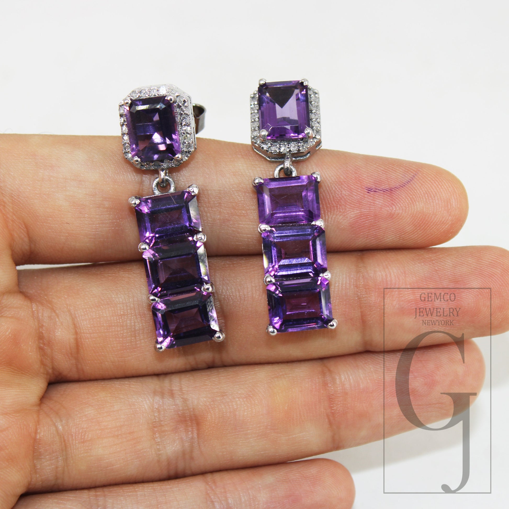 Very Beautiful Amethyst emerald cut earring designer Rosecut pave diamond earring 925 sterling silver handmade silver finish diamond earring