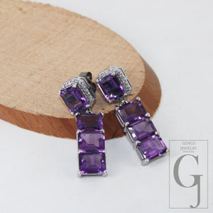 Very Beautiful Amethyst emerald cut earring designer Rosecut pave diamond earring 925 sterling silver handmade silver finish diamond earring