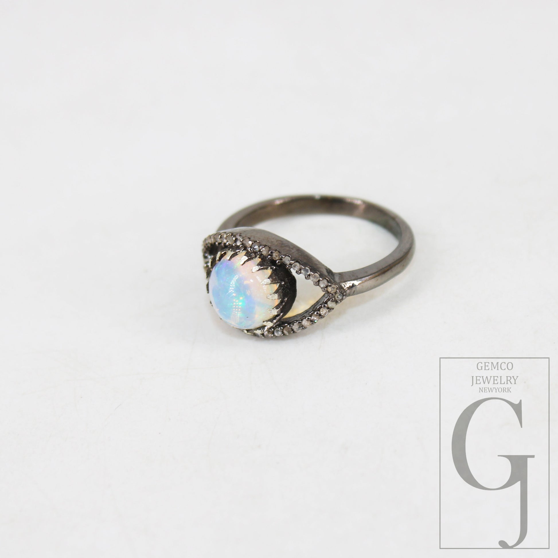 Beautiful Look Oxidized Finish Natural Opal Ring Designer Rosecut Pave Diamond Rings 925 Sterling Silver Handmade Silver Finish Diamond Ring