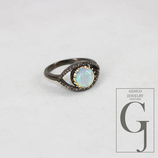 Beautiful Look Oxidized Finish Natural Opal Ring Designer Rosecut Pave Diamond Rings 925 Sterling Silver Handmade Silver Finish Diamond Ring