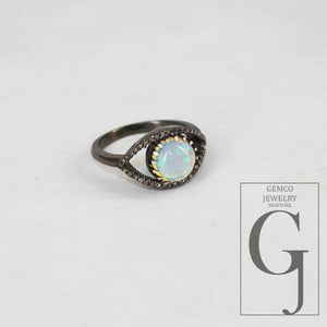 Beautiful Look Oxidized Finish Natural Opal Ring Designer Rosecut Pave Diamond Rings 925 Sterling Silver Handmade Silver Finish Diamond Ring