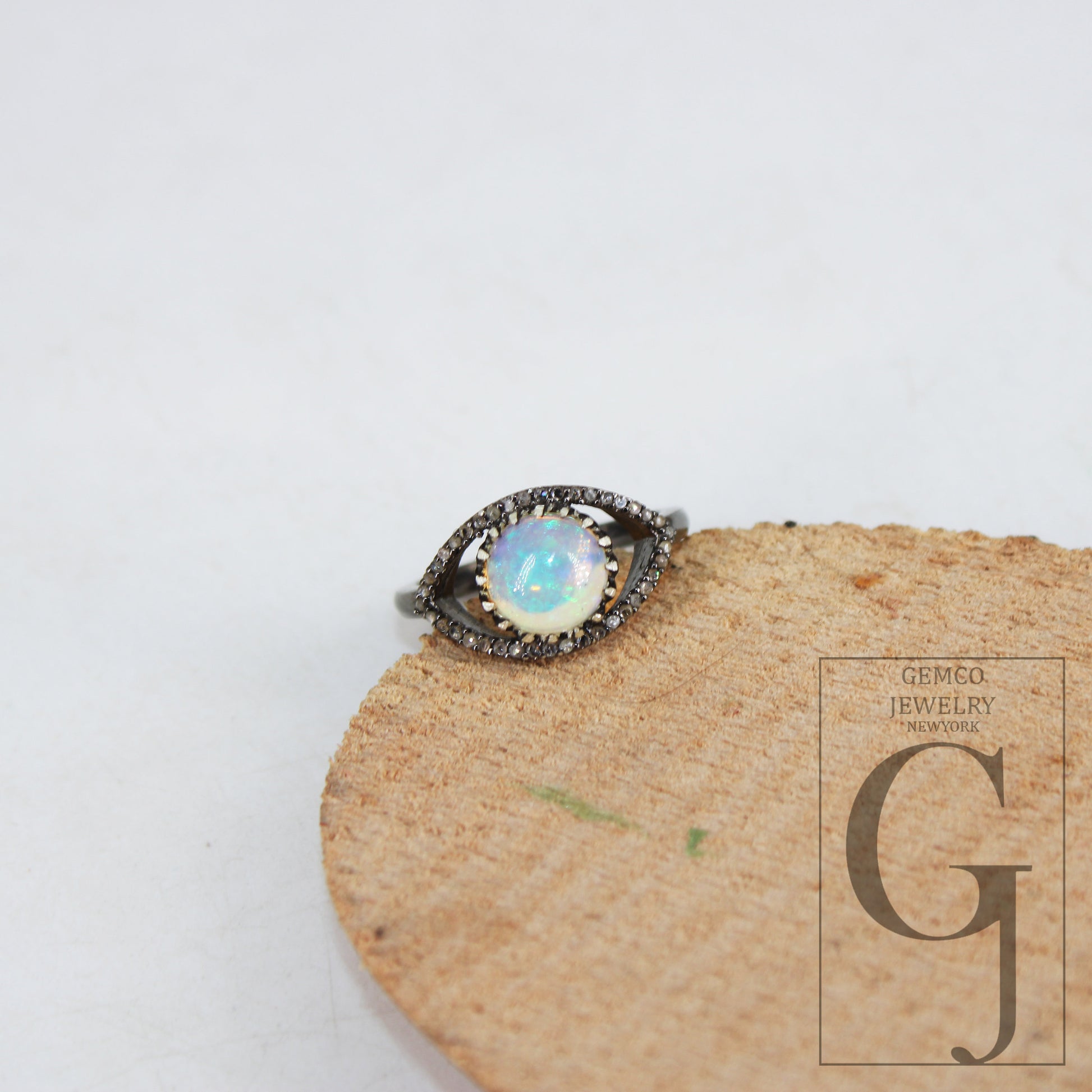 Beautiful Look Oxidized Finish Natural Opal Ring Designer Rosecut Pave Diamond Rings 925 Sterling Silver Handmade Silver Finish Diamond Ring