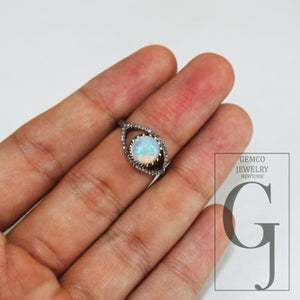 Beautiful Look Oxidized Finish Natural Opal Ring Designer Rosecut Pave Diamond Rings 925 Sterling Silver Handmade Silver Finish Diamond Ring