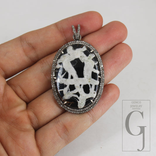 Very beautiful black septarian pendant Rosecut pave diamond pendant 925 sterling silver handmade finish diamond charms necklace pendant