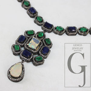 Beautiful Neck Emerald, Kyanite , Opal Necklace Rosecut Pave Diamond Necklace Handmade 925 Sterling Silver Finish Diamond Necklace