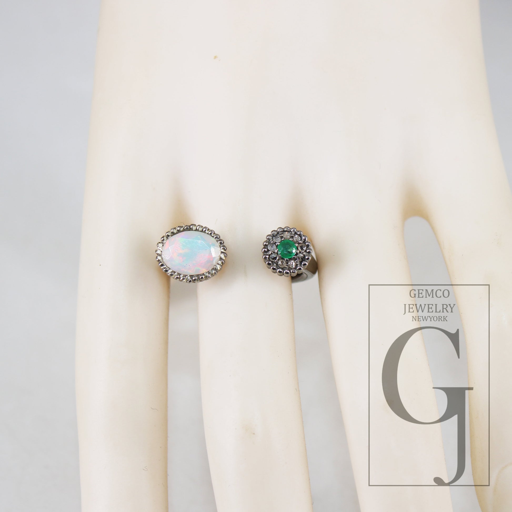 Antique Finish Opal Ring  Emerald Ring Designer Rosecut Pave Rosecut Diamond Rings 925 Sterling Silver Handmade Silver Finish Diamond Ring