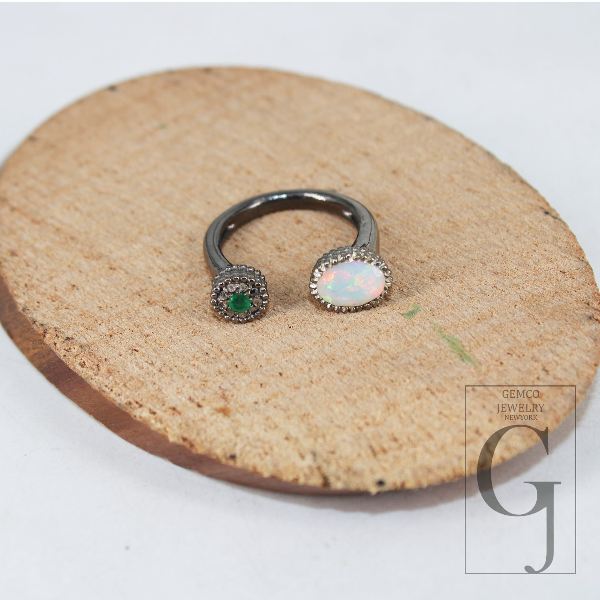 Antique Finish Opal Ring  Emerald Ring Designer Rosecut Pave Rosecut Diamond Rings 925 Sterling Silver Handmade Silver Finish Diamond Ring