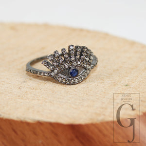 Antique Look Evil Eye Blue Sapphire Ring Designer Rosecut Pave Diamond Rings 925 Sterling Silver Handmade Silver Finish Diamond Ring