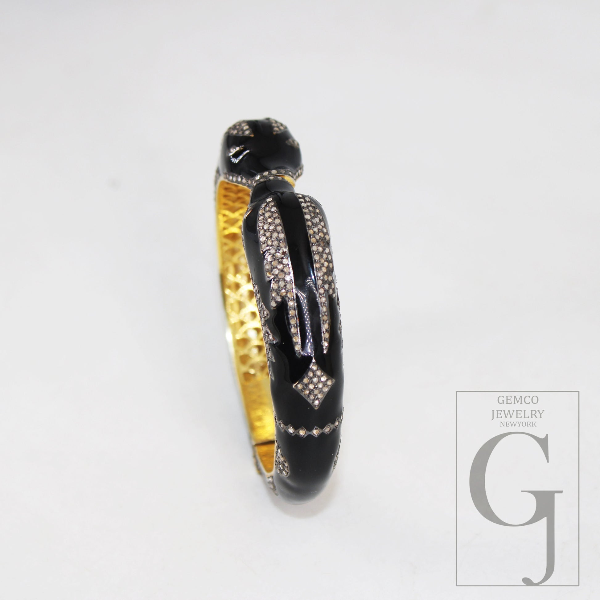 Beautiful Black Enamel Designer Dolphin Bangle Rose cut Pave Diamond Bangle Bracelet 925 Sterling Silver Handmade Finish Diamond Bakelite