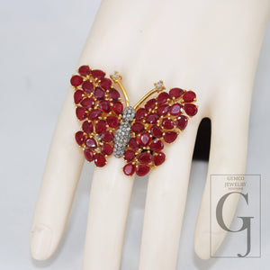 Beautiful 14k Gold Finish Butterfly Designer Ruby Ring Rosecut Pave Diamond Ring 925 Sterling Silver Handmade Finish Diamond Ring