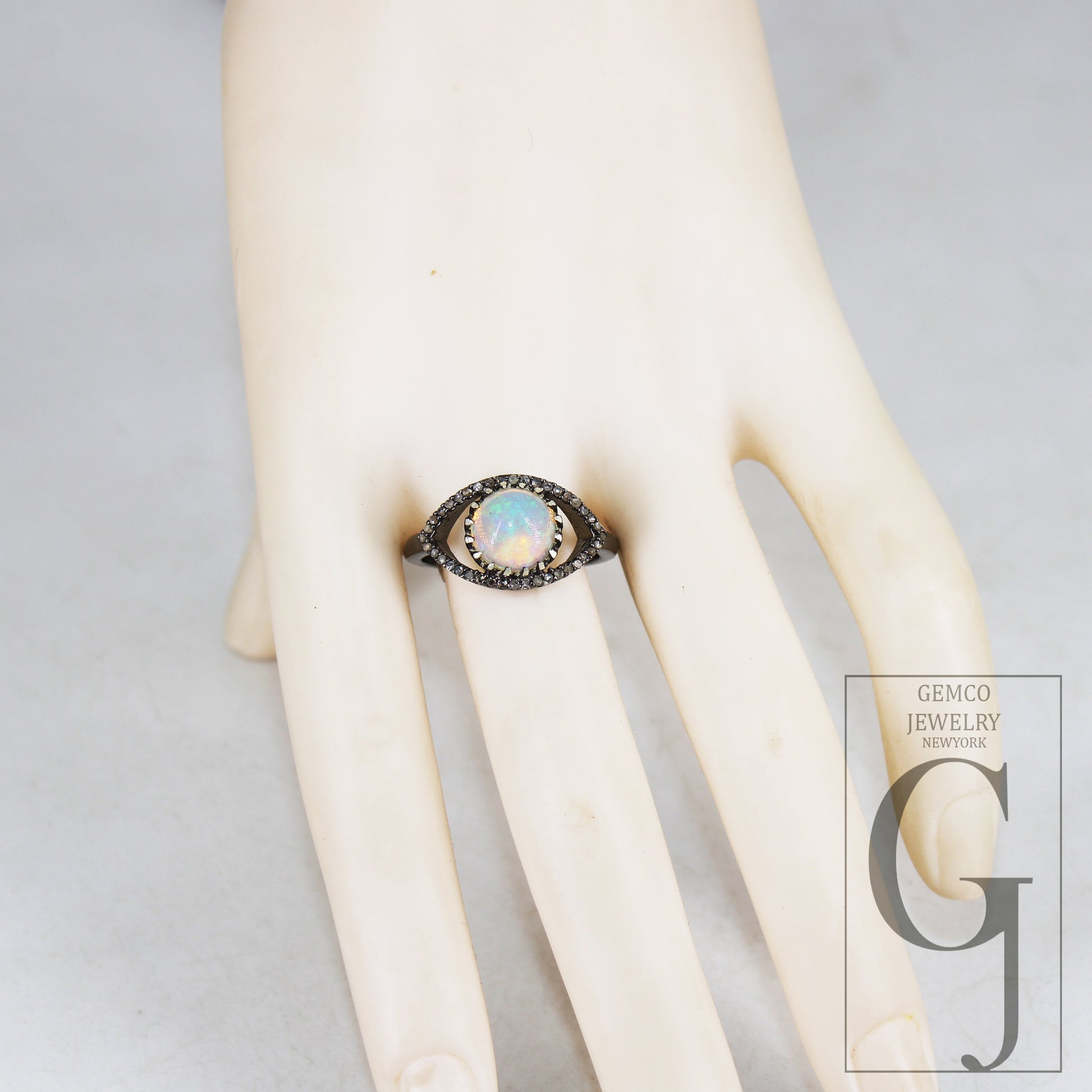 Beautiful Look Oxidized Finish Natural Opal Ring Designer Rosecut Pave Diamond Rings 925 Sterling Silver Handmade Silver Finish Diamond Ring