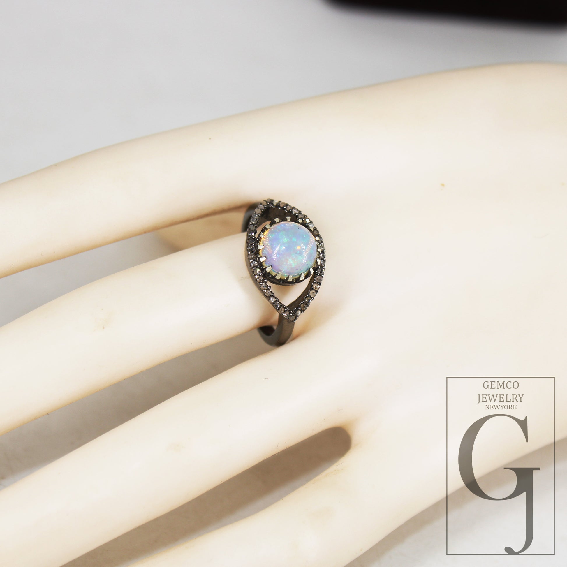 Beautiful Look Oxidized Finish Natural Opal Ring Designer Rosecut Pave Diamond Rings 925 Sterling Silver Handmade Silver Finish Diamond Ring