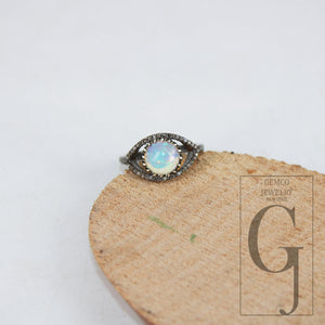 Beautiful Look Oxidized Finish Natural Opal Ring Designer Rosecut Pave Diamond Rings 925 Sterling Silver Handmade Silver Finish Diamond Ring