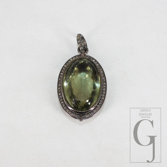 Antique Look Green Amethyst Pendant Designer Rosecut Pave Diamond Pendant 925 Sterling Silver Handmade Finish Diamond Charm Necklace Pendant