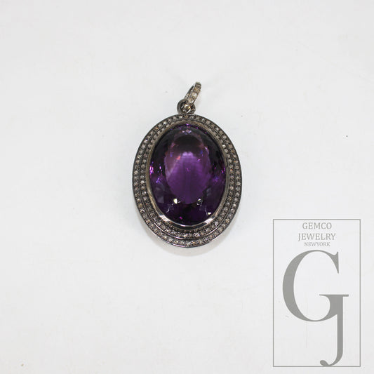 Antique Purple Amethyst Pendant Designer Rosecut Pave Diamond Pendant 925 Sterling Silver Handmade Finish Diamond Charm Necklace Pendant