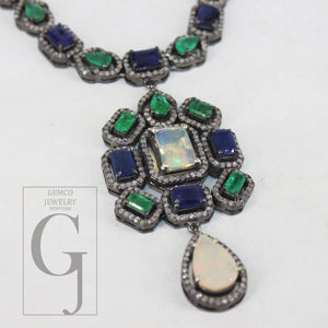 Beautiful Neck Emerald, Kyanite , Opal Necklace Rosecut Pave Diamond Necklace Handmade 925 Sterling Silver Finish Diamond Necklace