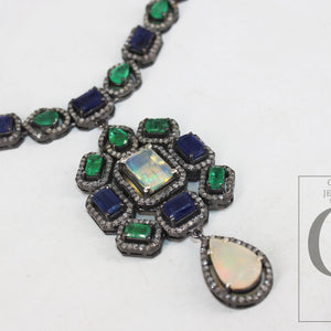 Beautiful Neck Emerald, Kyanite , Opal Necklace Rosecut Pave Diamond Necklace Handmade 925 Sterling Silver Finish Diamond Necklace