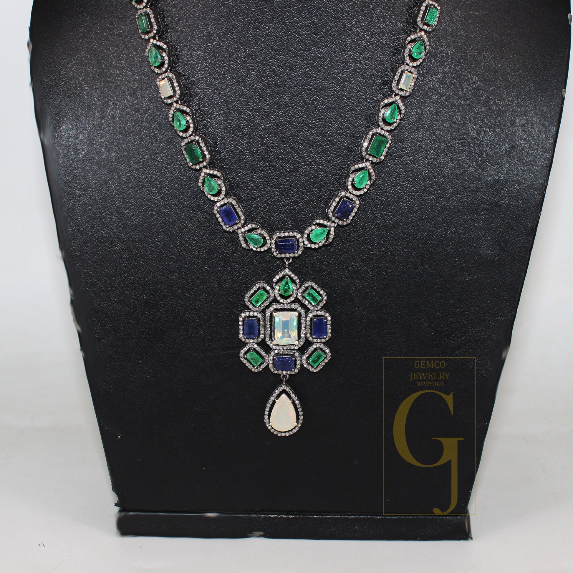 Beautiful Neck Emerald, Kyanite , Opal Necklace Rosecut Pave Diamond Necklace Handmade 925 Sterling Silver Finish Diamond Necklace